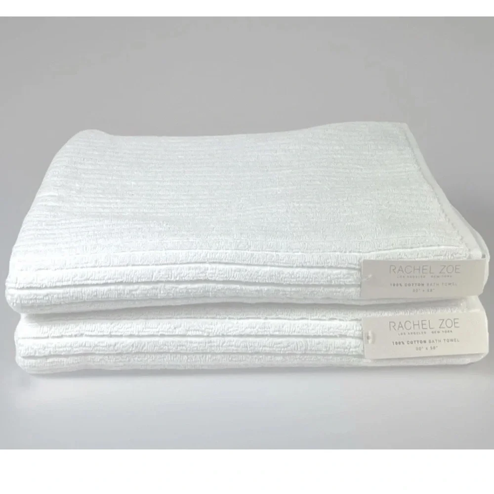 Rachel Zoe 30” x 58” Bath Towels Pure White Ribbed 100% Cotton Set of 2 NEW